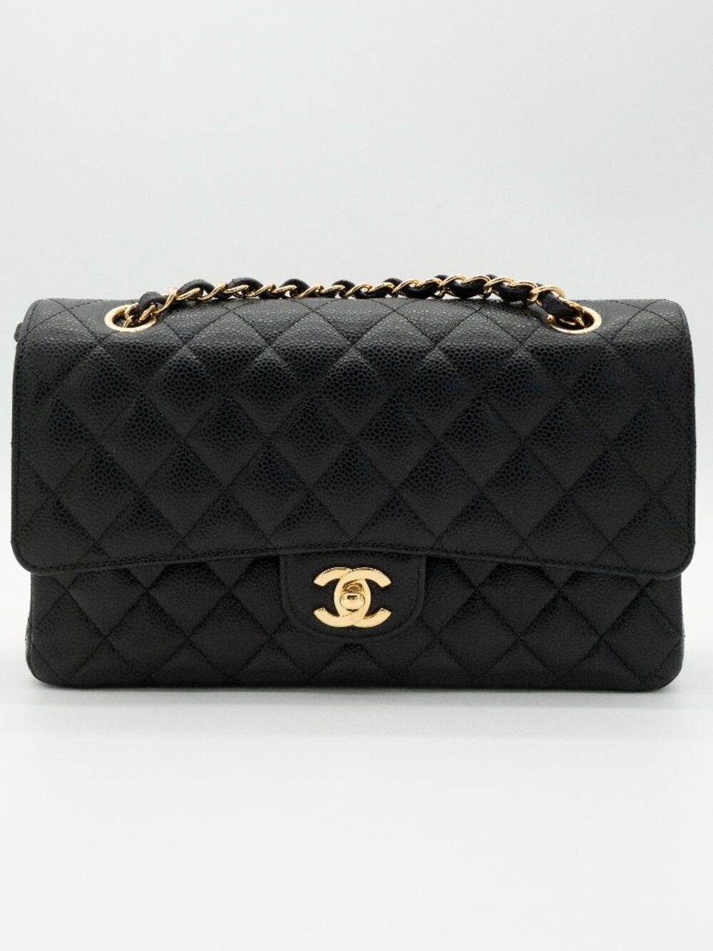 CHANEL Medium Classic Flap Black Caviar Quilted Gold Hardware Full Set